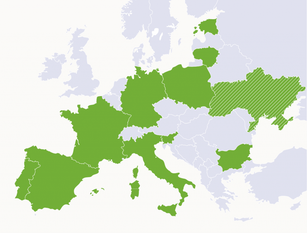 The map of Europe with the T4EU countries