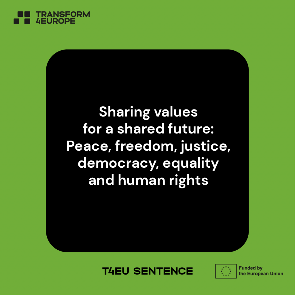 A graphic promoting the 2nd sentence saying: Sharing values for a shared future: Peace, freedom, justice, democracy, equality and human rights