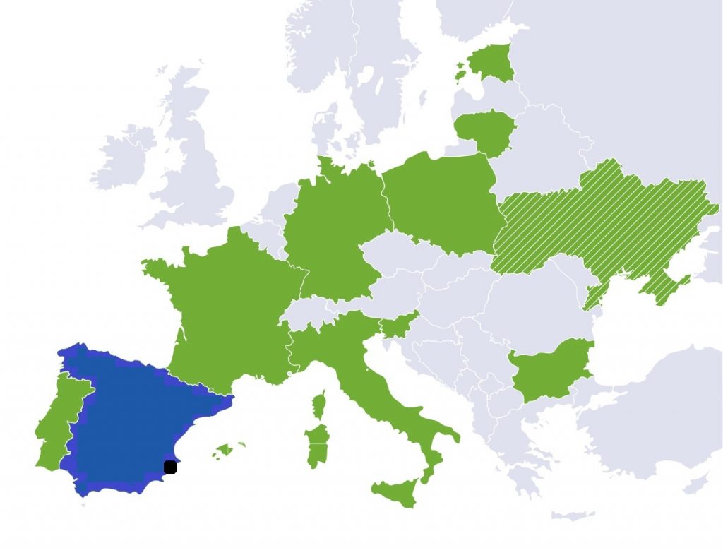 A map of Europe with a location of the University of Alicante