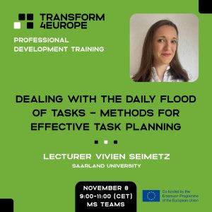 Green graphic with text: 'Professional Development Training: dealing with the daily flood of tasks, methods for effective task planning'