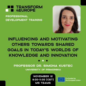 Green graphic with text: 'Professional Development Training: influencing and motivating others towards shared goals in today's worlds of knowledge and innovation'