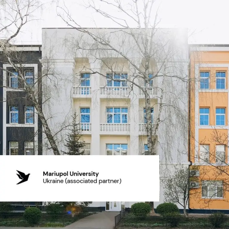 A three-story building with white, black, and orange facades stands behind leafless trees. A text box reads: Mariupol University, Ukraine (associated partner) with a bird logo.
