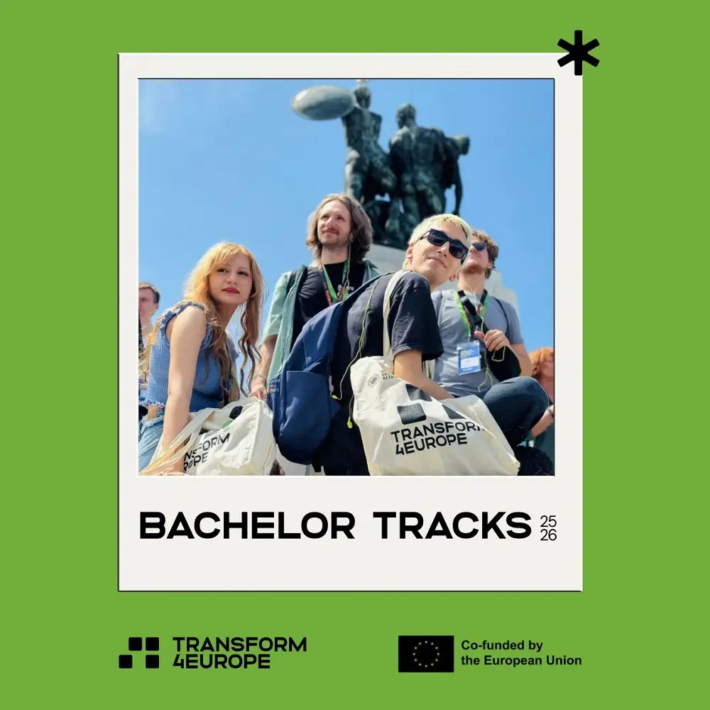 A group of young adults with Transform 4 Europe tote bags stand outdoors, smiling, with a statue behind them. The image is framed like a photo and set on a green background with logos and text reading Bachelor Tracks 25-26.