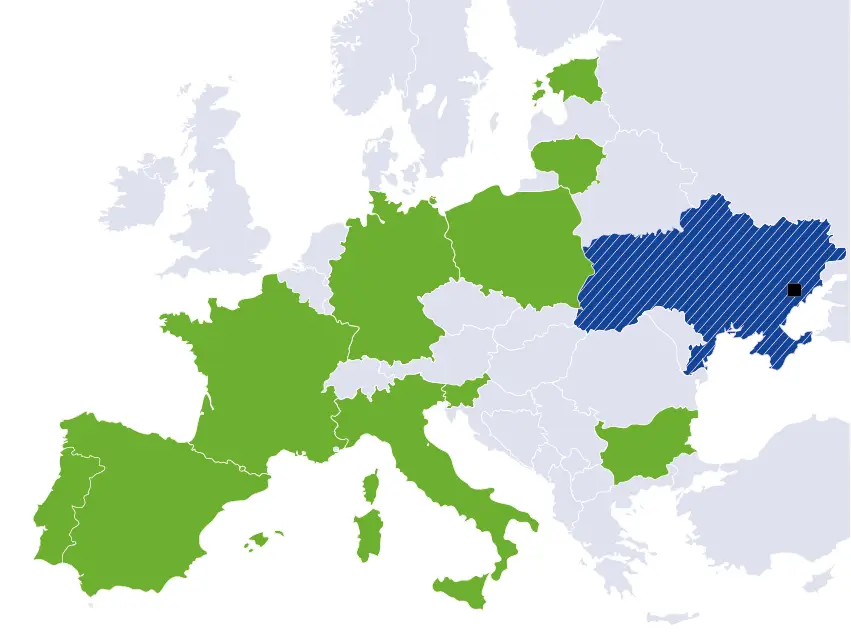 Map of Europe with countries shaded: most of Western and Central Europe in green, Ukraine and surrounding countries in blue stripes, and a small country inside in solid black. Remaining countries are gray.