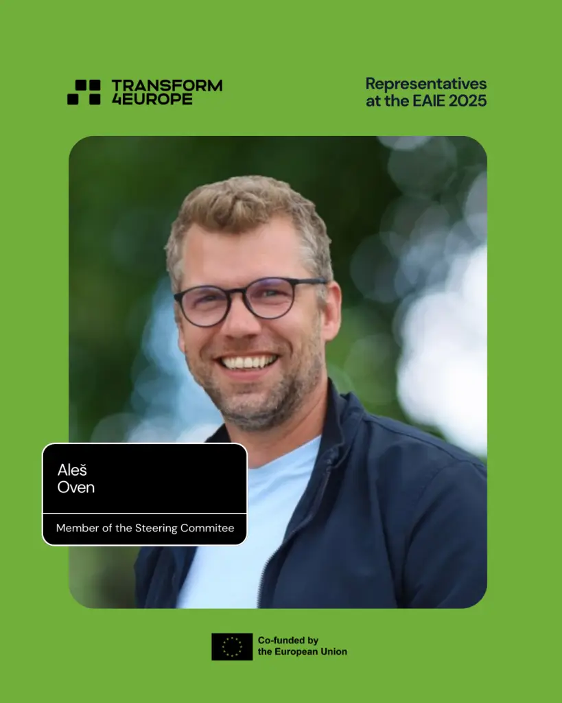 A smiling man with glasses and a beard, wearing a blue jacket and white shirt, stands outdoors. Text reads: Aleš Oven, Member of the Steering Committee, Representatives at the EAIE 2025. EU logo at the bottom.