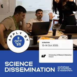Three people collaborate at a table with laptops and papers. A woman stands gesturing, while two men sit, one typing and the other listening. A workshop slide is projected in the background. Science Dissemination event details are shown.