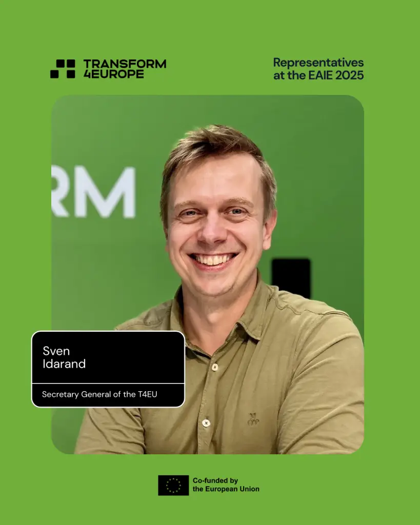 A smiling man in a tan shirt sits in front of a green background with TRANSFORM4EUROPE and event details. Text identifies him as Sven Idarand, Secretary General of T4EU. EU logo at the bottom.