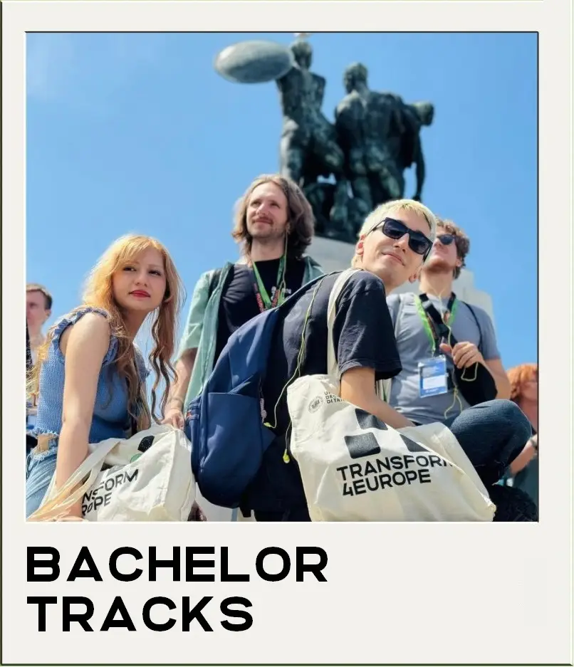 A group of young adults with tote bags labeled Transform 4Europe pose outdoors in front of a statue under a bright blue sky. The text BACHELOR TRACKS is at the bottom of the image.