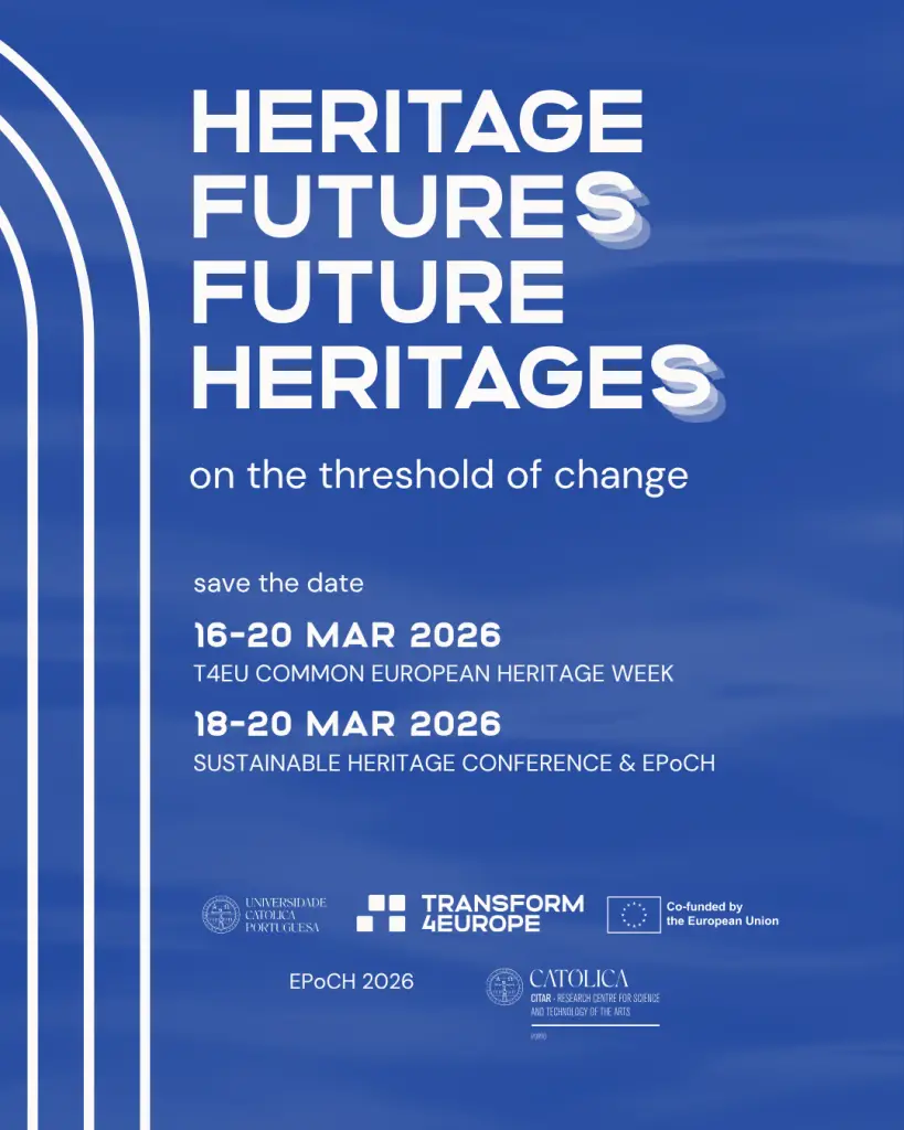 Blue poster with white text announcing Heritage Futures Future Heritages: on the threshold of change, listing event dates in March 2026 and logos of organizing institutions at the bottom. Abstract white lines decorate the left side.