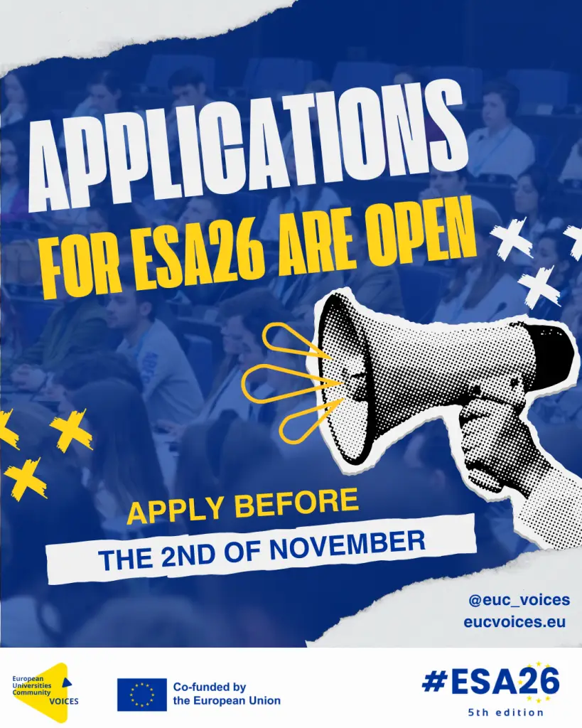 A promotional graphic announcing that applications for ESA26 are open, featuring a megaphone illustration, yellow and blue text, and details to apply before the 2nd of November. European Union and event logos are visible.