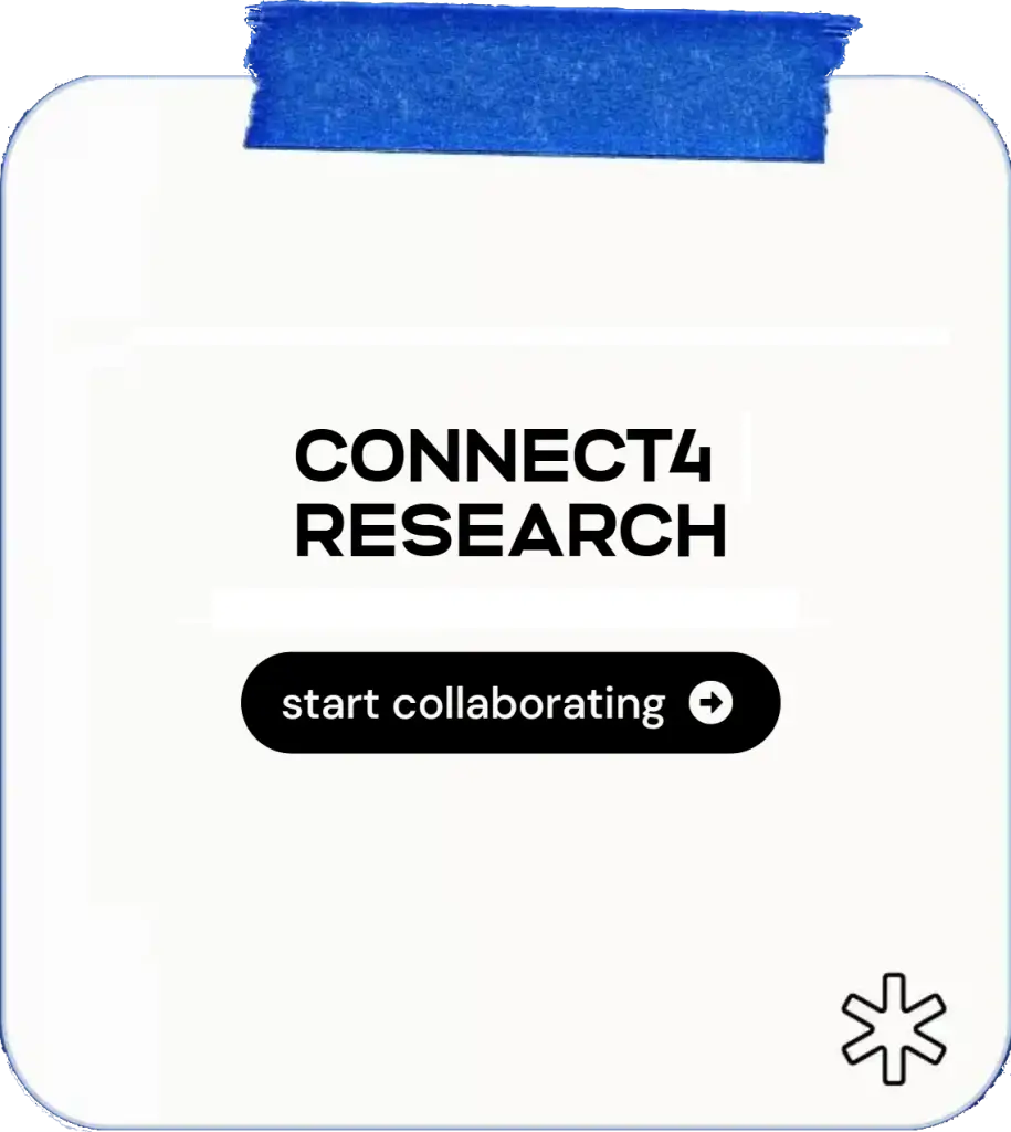 A white card with blue tape at the top reads “CONNECT4 RESEARCH.” Below is a black button with “start collaborating” and a right arrow. A small asterisk icon is at the bottom right.