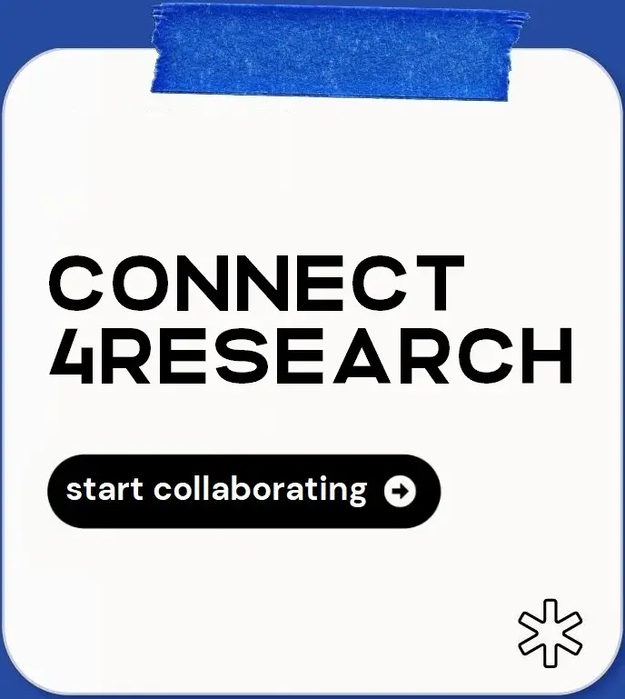 A white card with blue tape at the top displays the text CONNECT 4RESEARCH and a black button below labeled start collaborating with a right arrow. An asterisk icon appears in the bottom right corner.