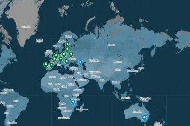 A world map with green location markers clustered in Europe and blue markers in Australia, South Africa, and the Middle East, indicating selected points of interest in these regions.