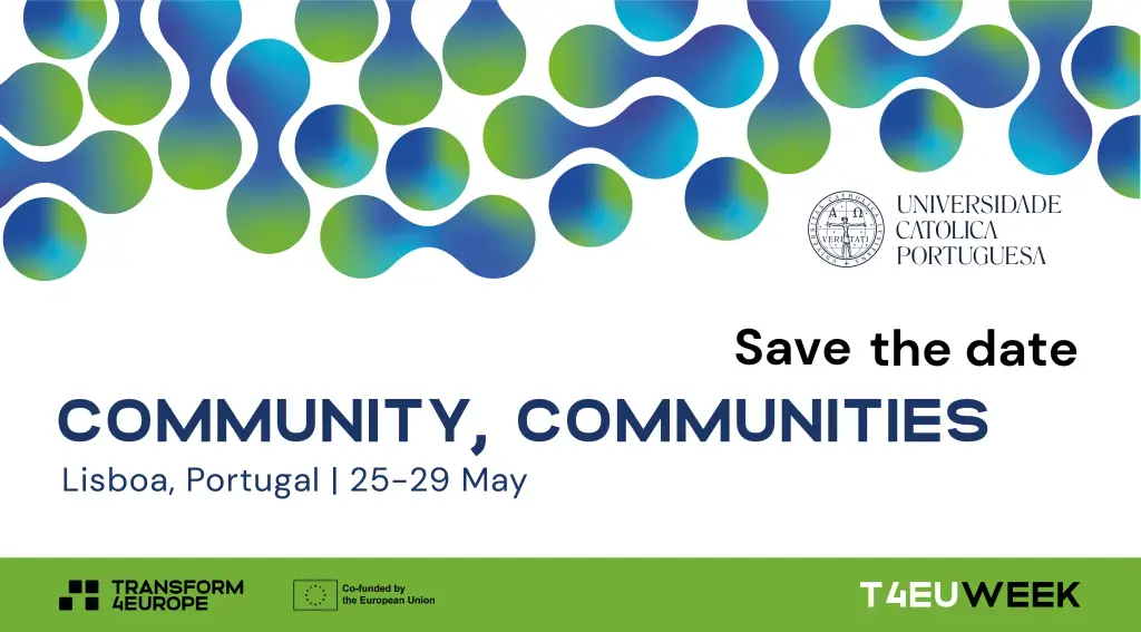 Save the date invitation for Community, Communities in Lisbon, Portugal, 25–29 May. Features abstract green and blue design, Universidade Católica Portuguesa logo, and event sponsor logos at the bottom.