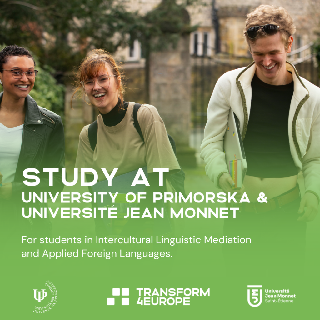 Three smiling students walk outdoors carrying books and backpacks. Text promotes studying at University of Primorska and Université Jean Monnet for students in Intercultural Linguistic Mediation and Applied Foreign Languages.