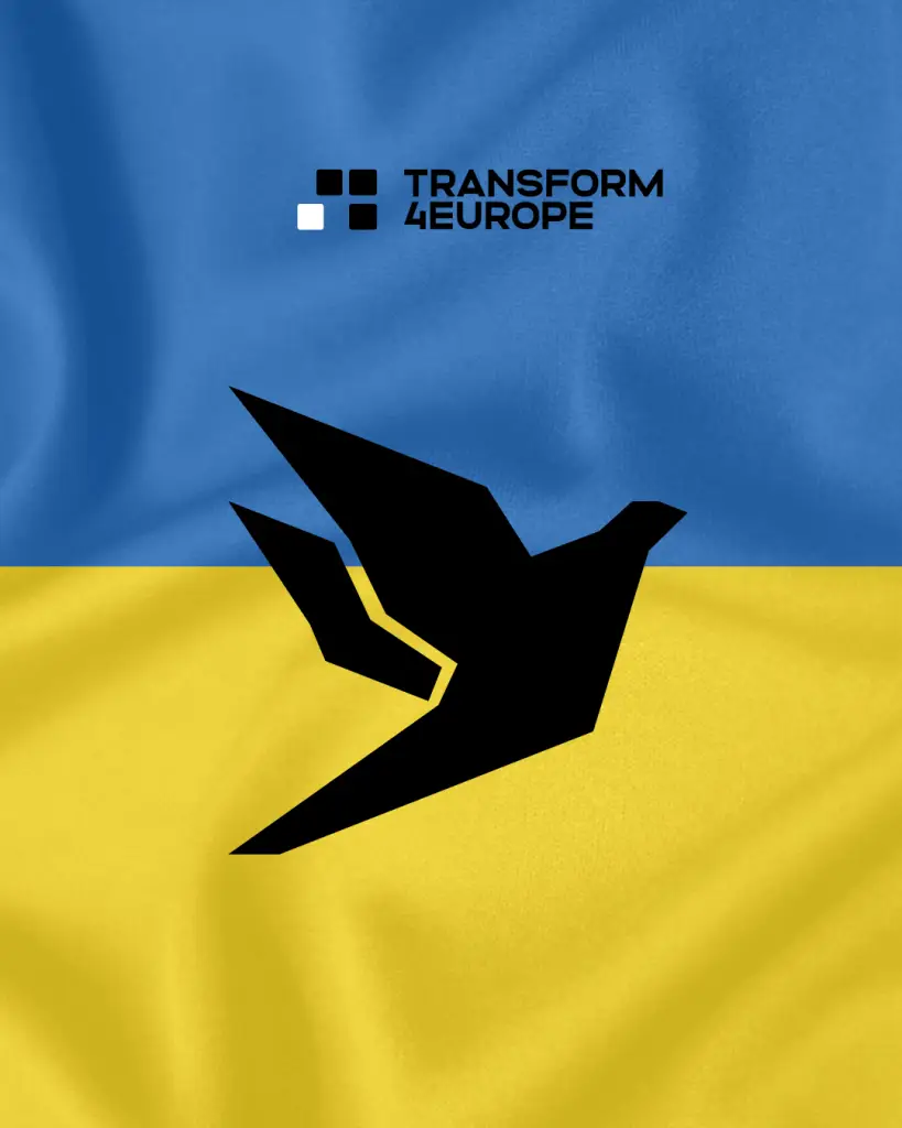 A stylized black bird icon on a blue and yellow background resembling the Ukrainian flag, with the text TRANSFORM4EUROPE and four black-and-white squares above the bird.