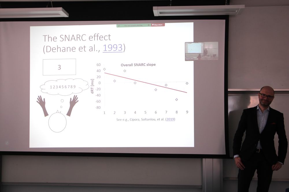 A man in a suit stands beside a projected presentation slide on the SNARC effect, showing a diagram, a number line, a graph, and references in a classroom setting.