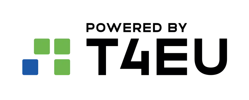 Powered by T4EU logo featuring a grid of green and blue squares alongside bold black text.