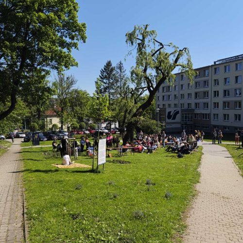 A group of people gathers on a grassy area near a large tree and a modern building on a sunny day. Some sit on blankets, while others stand or sit on benches. The scene is bordered by paved walkways and trees.