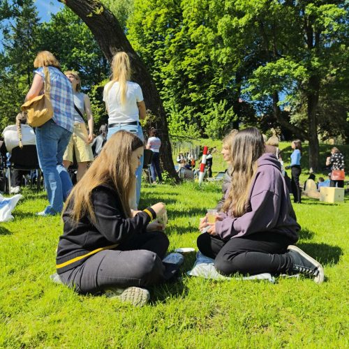 Two girls sit cross-legged on bright green grass, talking and playing with cards in a sunlit park. Other people stand and walk in the background among trees and shade on a sunny day.