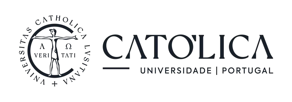 Logo of Universidade Católica Portuguesa featuring a stylized Vitruvian Man inside a circular emblem with Latin text and the words CATÓLICA UNIVERSIDADE PORTUGAL to the right of the emblem.