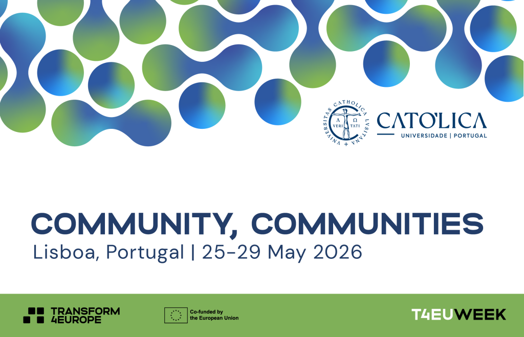 COMMUNITY, COMMUNITIES conference poster in Lisbon, Portugal from May 25-29, 2026. Features a blue and green gradient molecular design, the Catholic University logo, and T4EUWEEK branding.