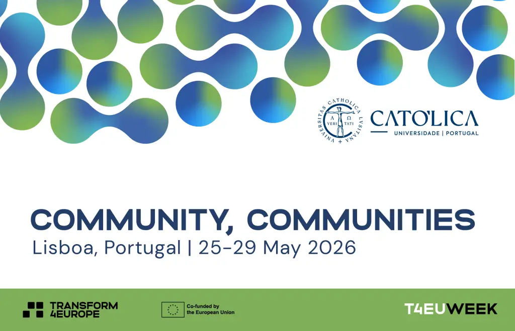 COMMUNITY, COMMUNITIES conference poster in Lisbon, Portugal from May 25-29, 2026. Features a blue and green gradient molecular design, the Catholic University logo, and T4EUWEEK branding.