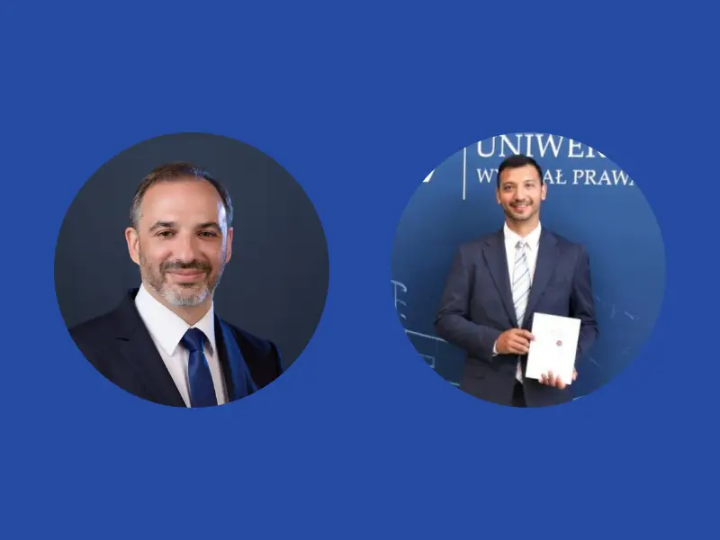 Two men in formal suits, each in a separate circular frame against a blue background. The man on the left smiles at the camera; the man on the right holds a document and stands in front of a blue backdrop with partial white text.