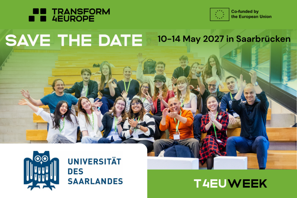 A diverse group of smiling young adults sit on indoor steps, waving at the camera. Text announces SAVE THE DATE: 10–14 May 2027 in Saarbrücken, with logos for Transform 4Europe, the EU, and Universität des Saarlandes.