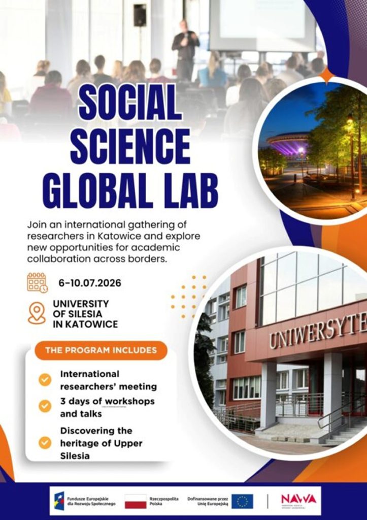 Poster for Social Science Global Lab event, showing event details and photos of a university building and a conference. The event is at University of Silesia, Katowice, 6–10 July 2026, featuring workshops and talks.