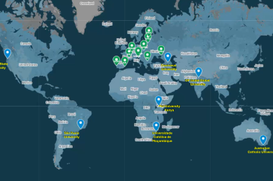 World map showing university locations, with clusters of green markers in Europe and blue markers in North and South America, Asia, and Africa. Universities are labeled in yellow text near each marker.