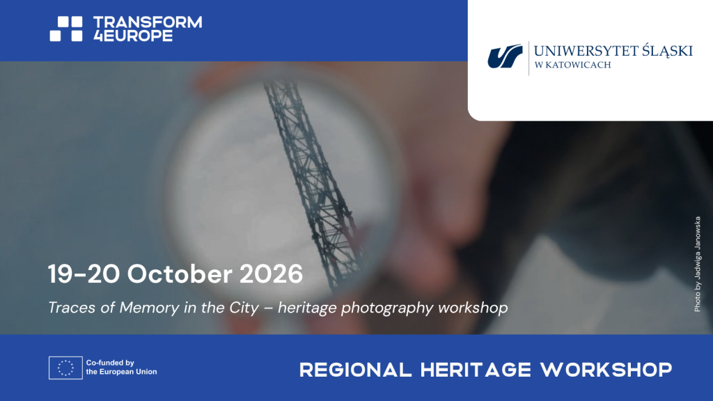 A blurred close-up of a person holding a camera with a tall metal tower visible in the lens, overlaid with event details for a regional heritage photography workshop on 19–20 October 2026, hosted by the University of Silesia.