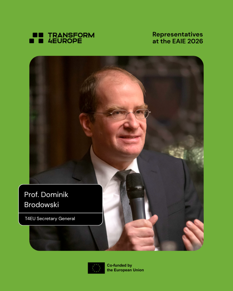 A man in a suit and glasses speaks into a microphone. Text identifies him as Prof. Dominik Brodowski, T4EU Secretary General, at the EAIE 2026 event. The design features a green background with EU and Transform4Europe logos.