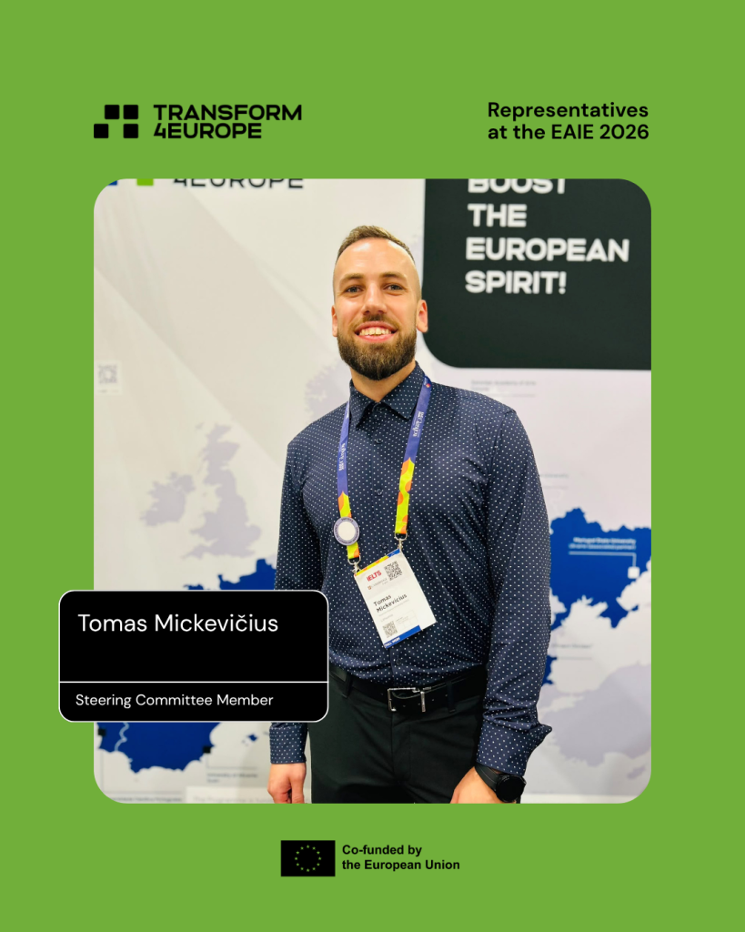 A man with a beard and blue shirt stands smiling in front of a map and banner. Text reads Tomas Mickevičius, Steering Committee Member. The background is green, with EU and Transform4Europe logos.
