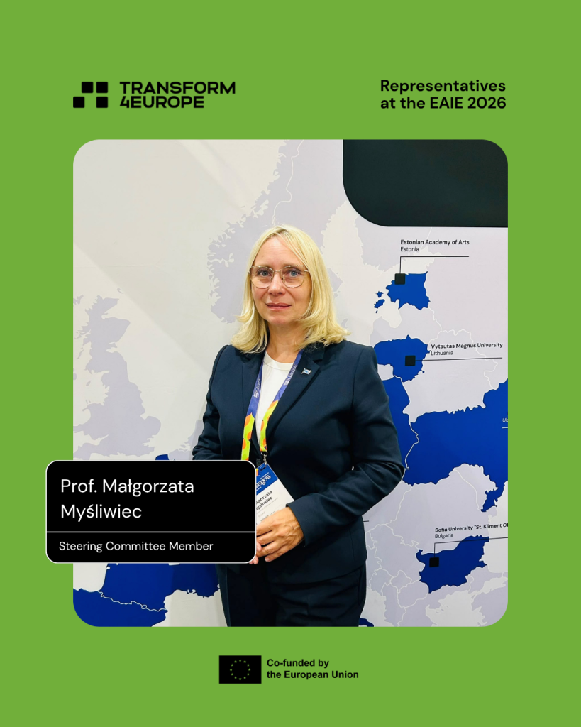 A woman with blonde hair and glasses stands in front of a map. A label reads: Prof. Małgorzata Myśliwiec, Steering Committee Member. Logos for Transform4Europe and the EU are also visible.