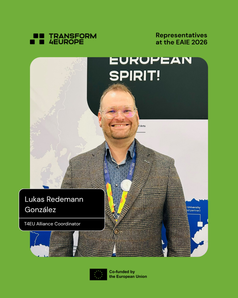 A smiling man wearing glasses and a suit stands in front of a display. Text reads Lukas Redemann González, T4EU Alliance Coordinator. Transform4Europe and EU logos are present.