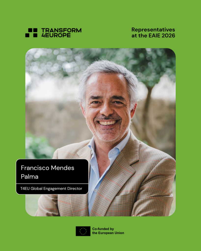 A smiling man with gray hair and a beard stands outdoors in front of greenery. Text reads: Francisco Mendes Palma, T4EU Global Engagement Director, Representatives at the EAIE 2026. European Union logo is at the bottom.