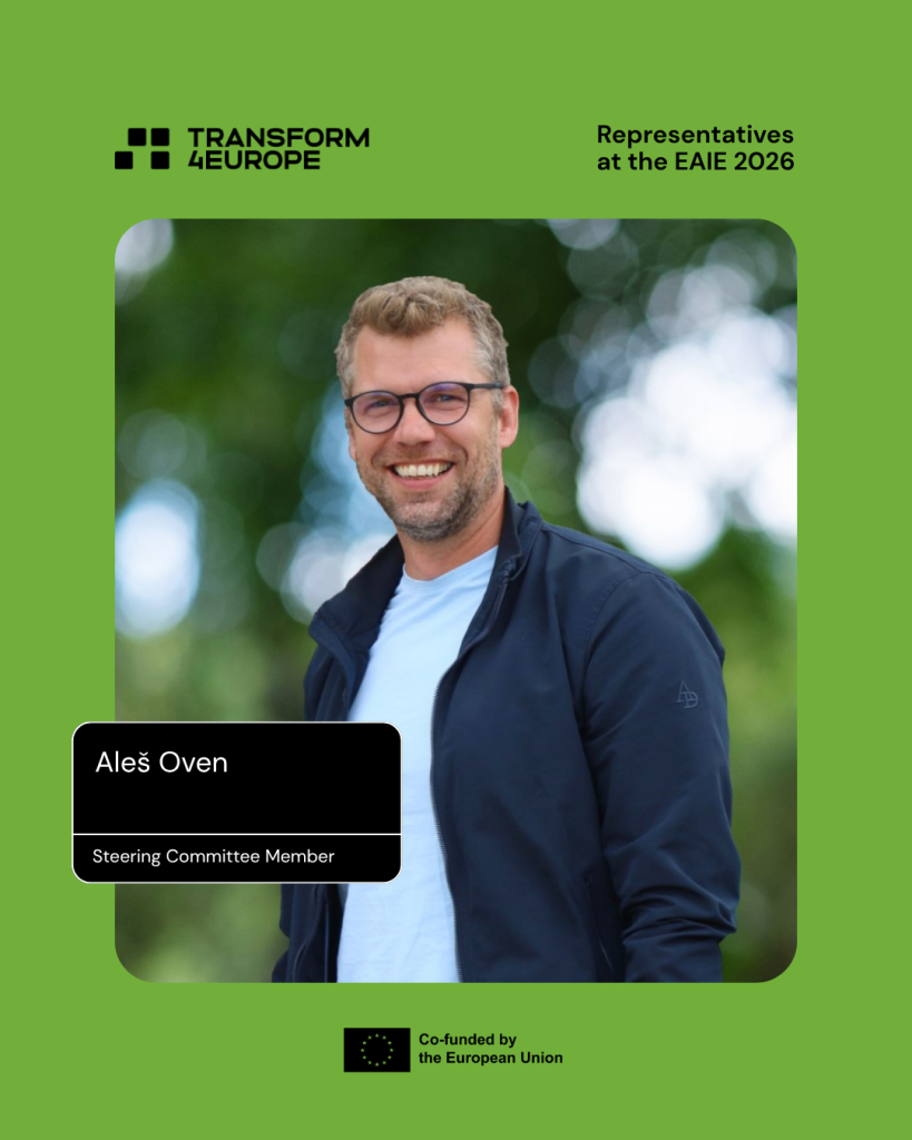 A man wearing glasses and a navy jacket smiles outdoors. Text reads: Transform 4Europe. Representatives at the EAIE 2026. Aleš Oven, Steering Committee Member. Co-funded by the European Union..