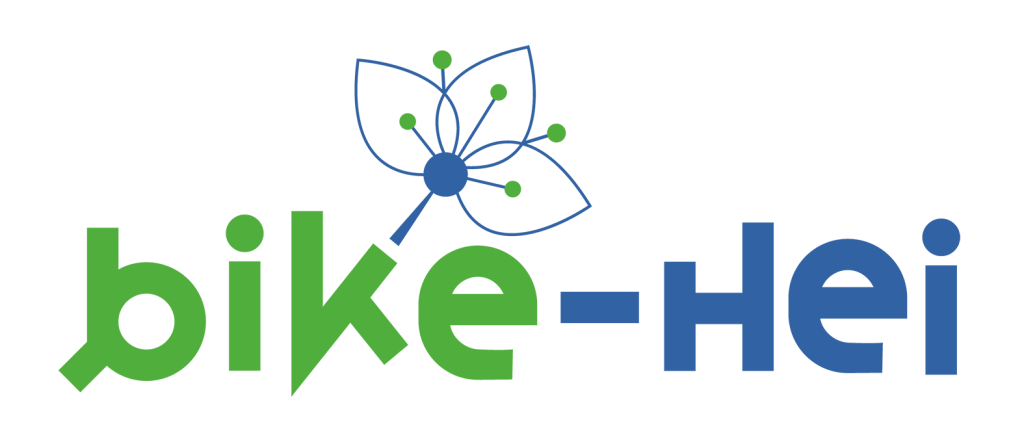 The logo reads bike-Hei with bike in green and Hei in blue. A stylized flower with five petals and green dots decorates the top of the letter k..