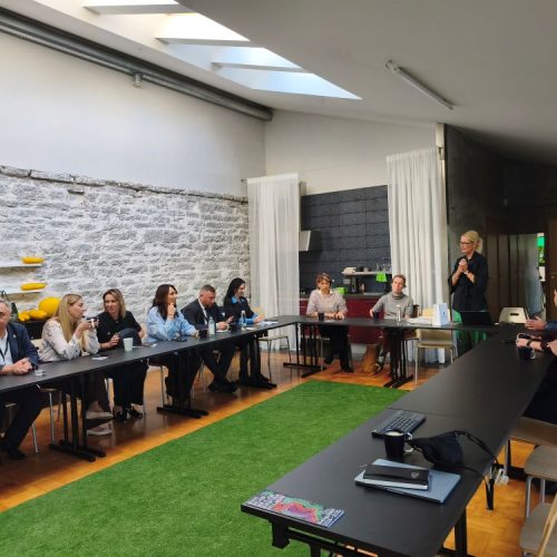 A group of people sits around a U-shaped table in a modern meeting room with a stone wall. A woman stands speaking at the front while others listen attentively.