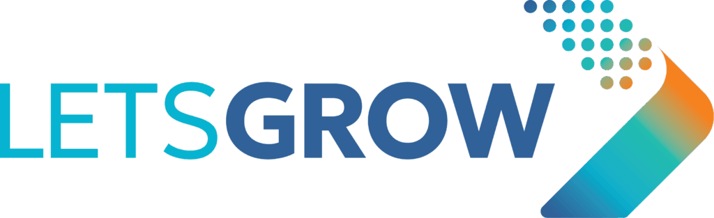 Logo with the words LETS GROW in bold blue text and a stylized arrow made of gradients and dots pointing upward to the right..