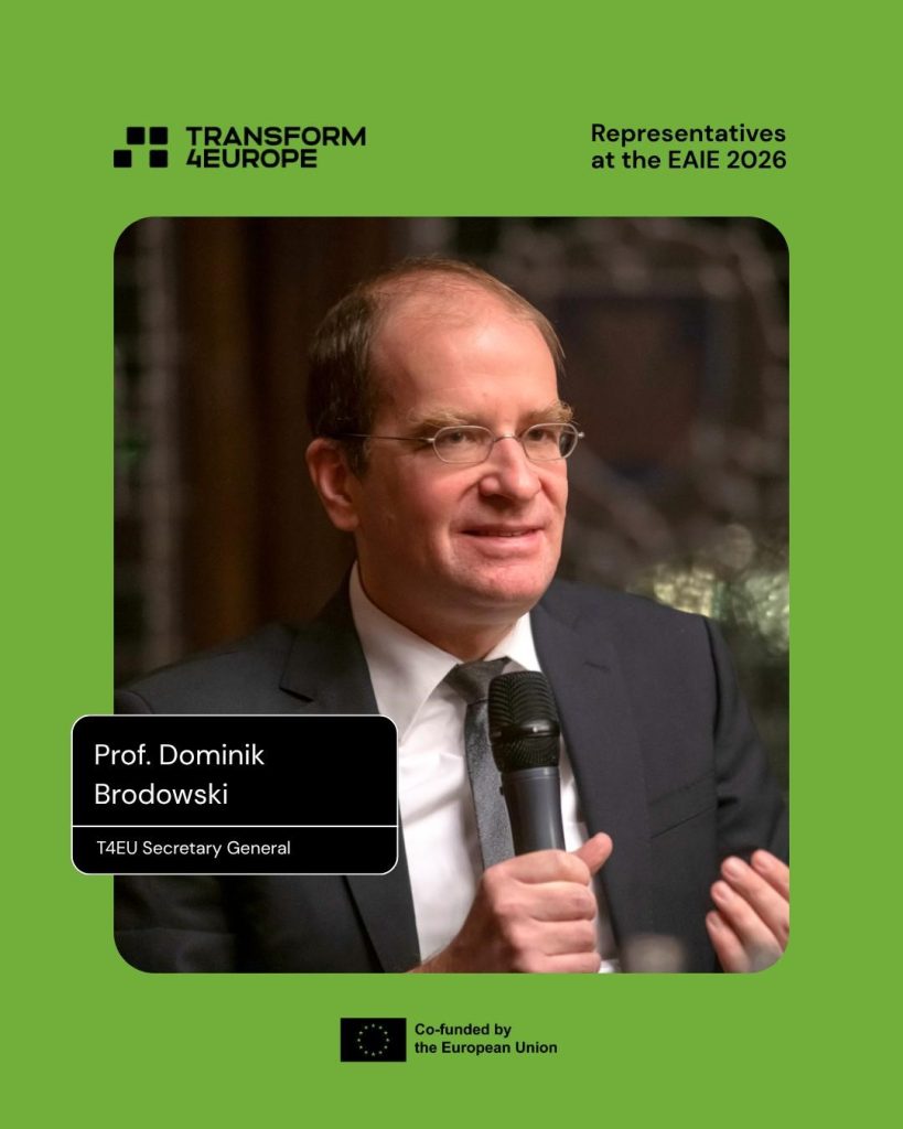 Prof. Dominik Brodowski, holding a microphone and gesturing, speaks at an event. The image includes Transform4Europe and EU logos, with text about representatives at the EAIE 2026.